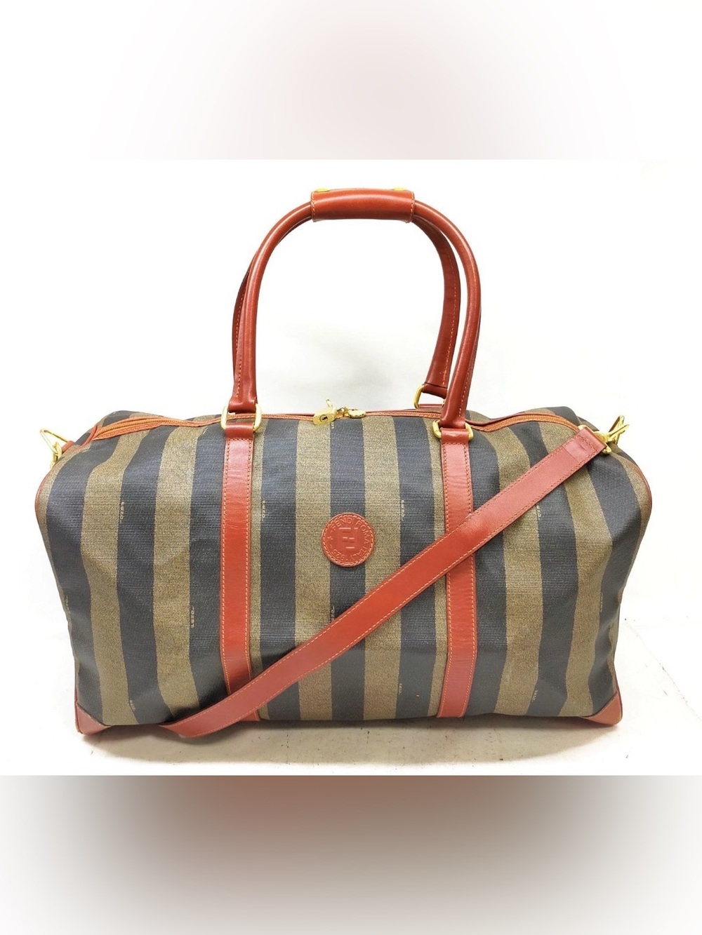 Fendi Striped Canvas Travel Duffel with Rust Leather Trim